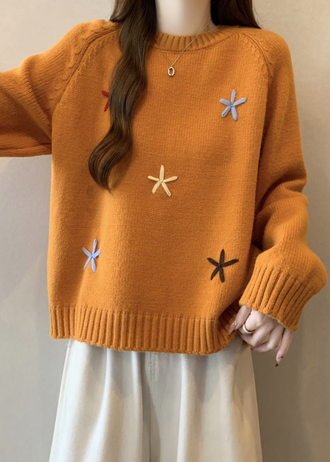 Stylish Yellow O Neck Thick Floral Knit Sweaters Winter