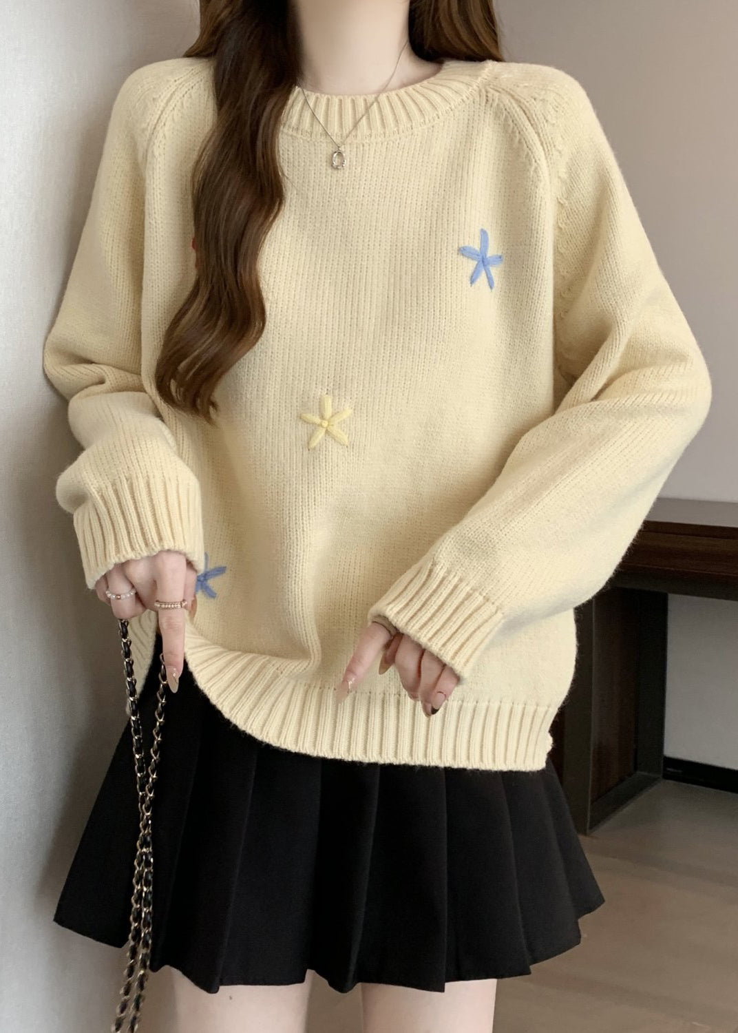 Stylish Yellow O Neck Thick Floral Knit Sweaters Winter