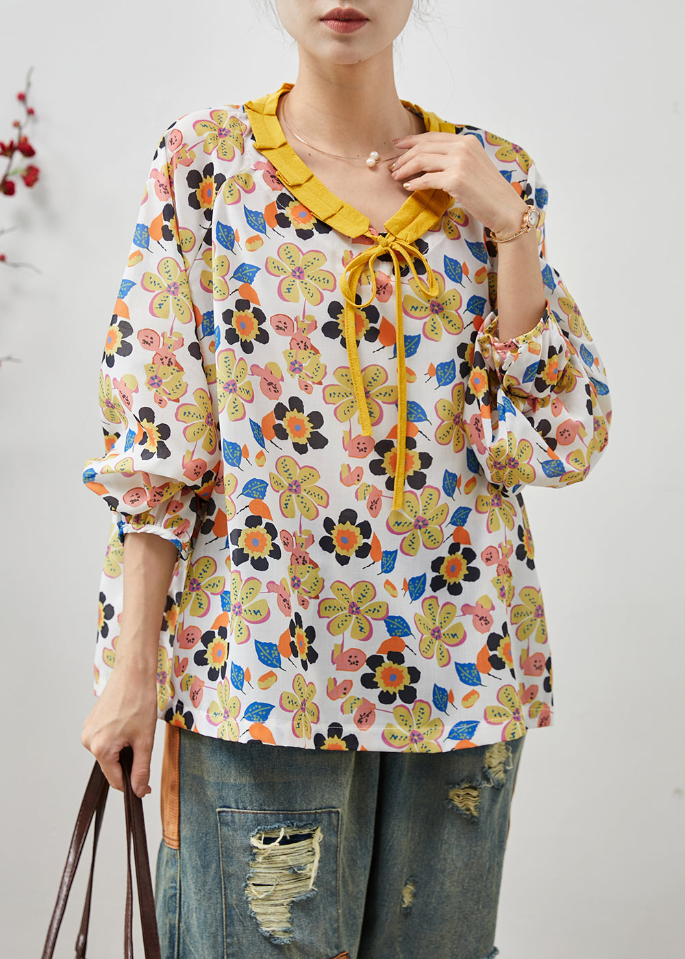 Stylish Yellow Oversized Floral Cotton Shirt Tops Summer