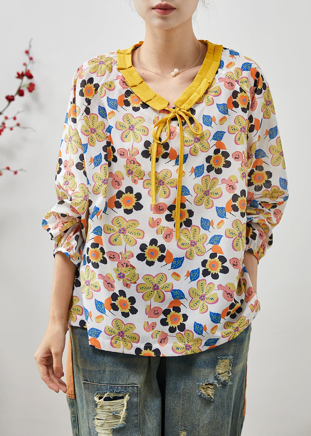 Stylish Yellow Oversized Floral Cotton Shirt Tops Summer