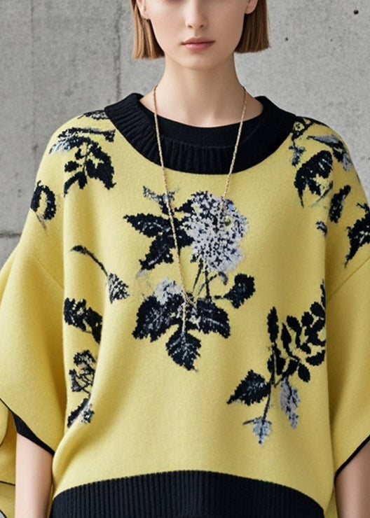 Stylish Yellow Oversized Jacquard Knit Pullover Batwing Sleeve