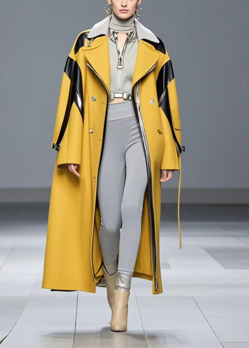 Stylish Yellow Oversized Patchwork Woolen Trench Coat Fall