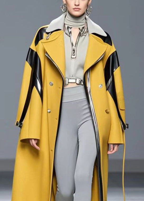 Stylish Yellow Oversized Patchwork Woolen Trench Coat Fall