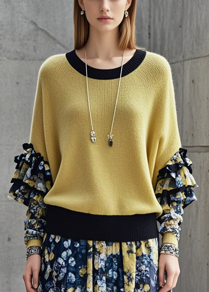 Stylish Yellow Ruffled Patchwork Warm Sweater Tops Fall