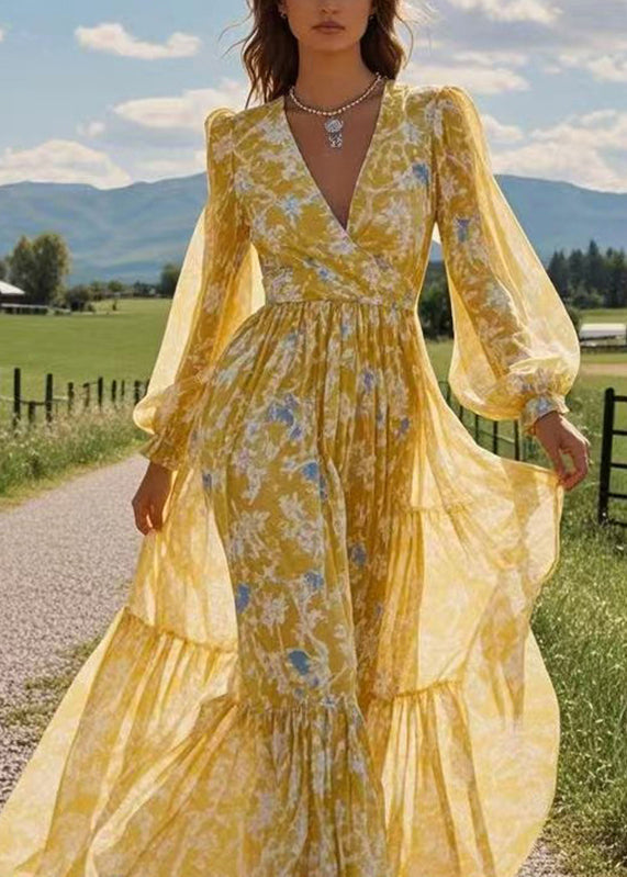 Stylish Yellow V Neck Patchwork Chiffon Long Dresses Lantern Sleeve