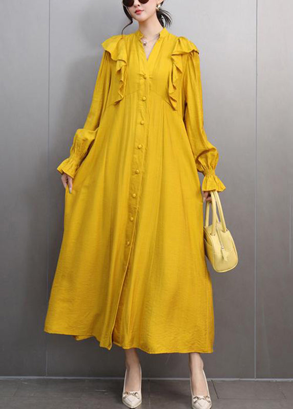 Stylish Yellow V Neck Ruffled Patchwork Maxi Dress Butterfly Sleeve