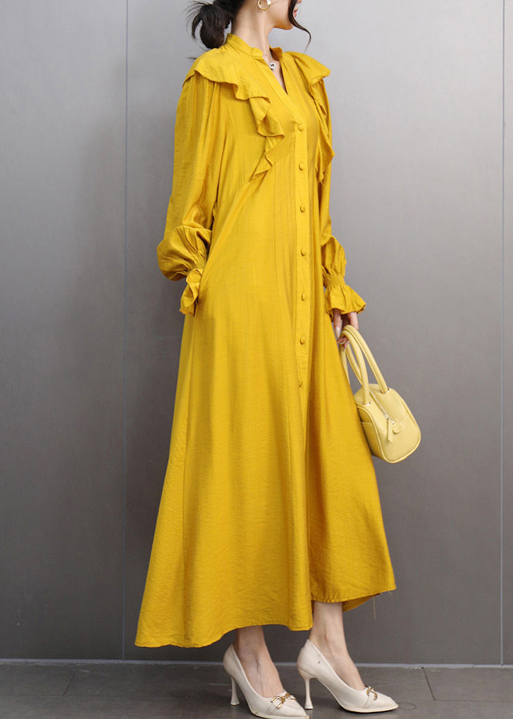 Stylish Yellow V Neck Ruffled Patchwork Maxi Dress Butterfly Sleeve