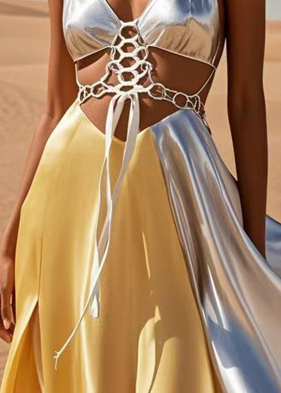 Stylish Yellow V Neck Side Open Silk Vacation Long Dresses Sleeveless