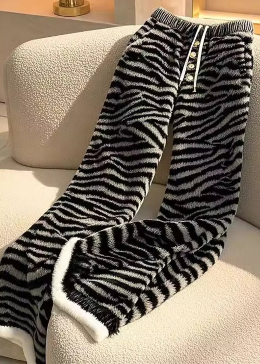 Stylish Zebra Pattern Elastic Waist Fuzzy Fur Straight Pants Spring