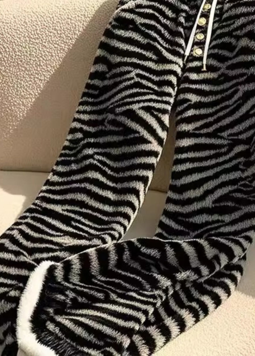 Stylish Zebra Pattern Elastic Waist Fuzzy Fur Straight Pants Spring