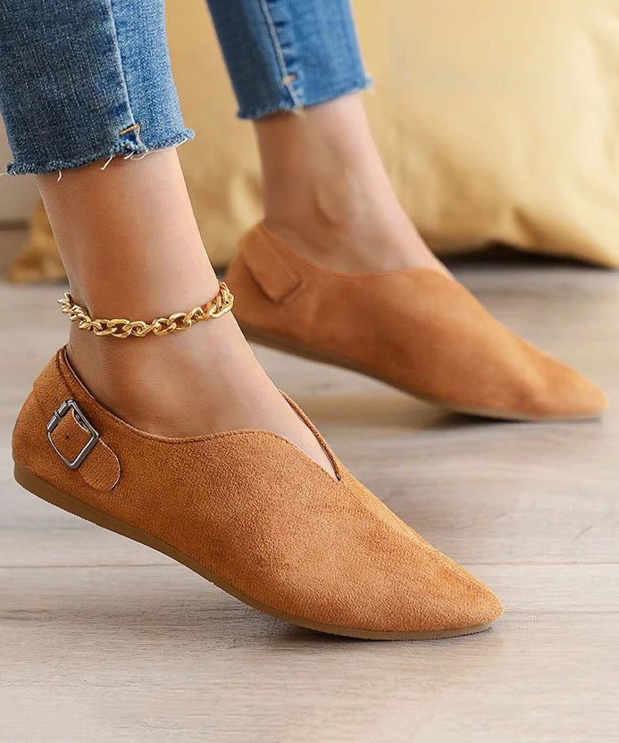 Suede Khaki Women Splicing Flat Shoes For Pointed Toe