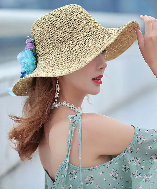 Summer Beach Flower Large Straw Soven Foldable Sunshade Hat