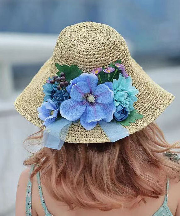 Summer Beach Flower Large Straw Soven Foldable Sunshade Hat