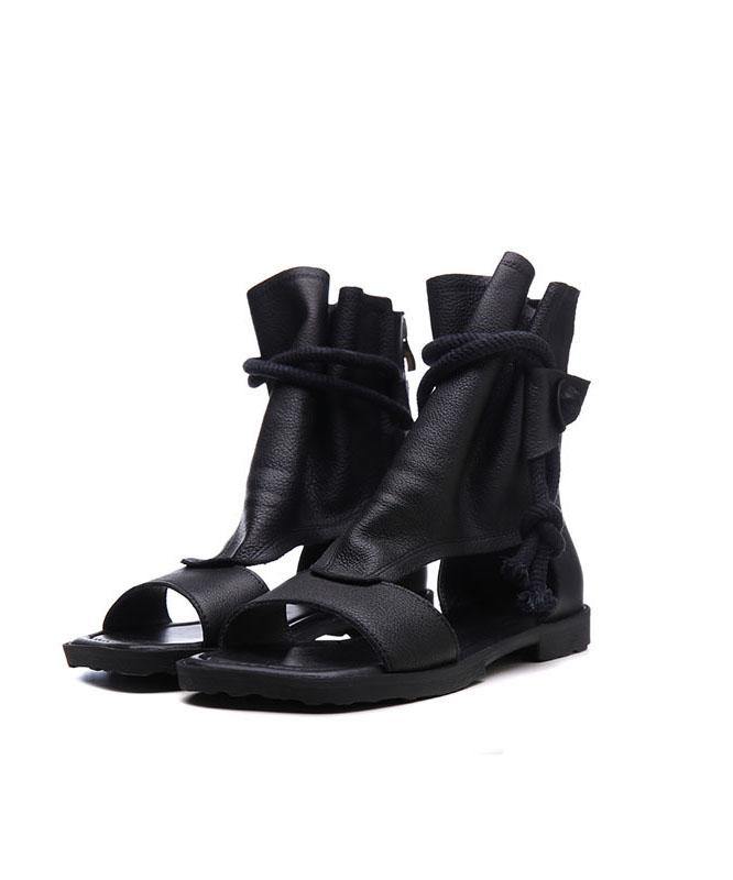 Summer Black Cowhide Leather Lace Up Peep Toe Walking Sandals
