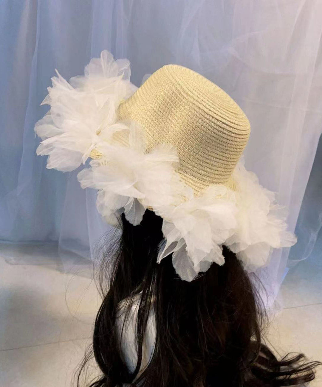 Summer Straw Woven Sun Hat With Large Lace And Large Flowers