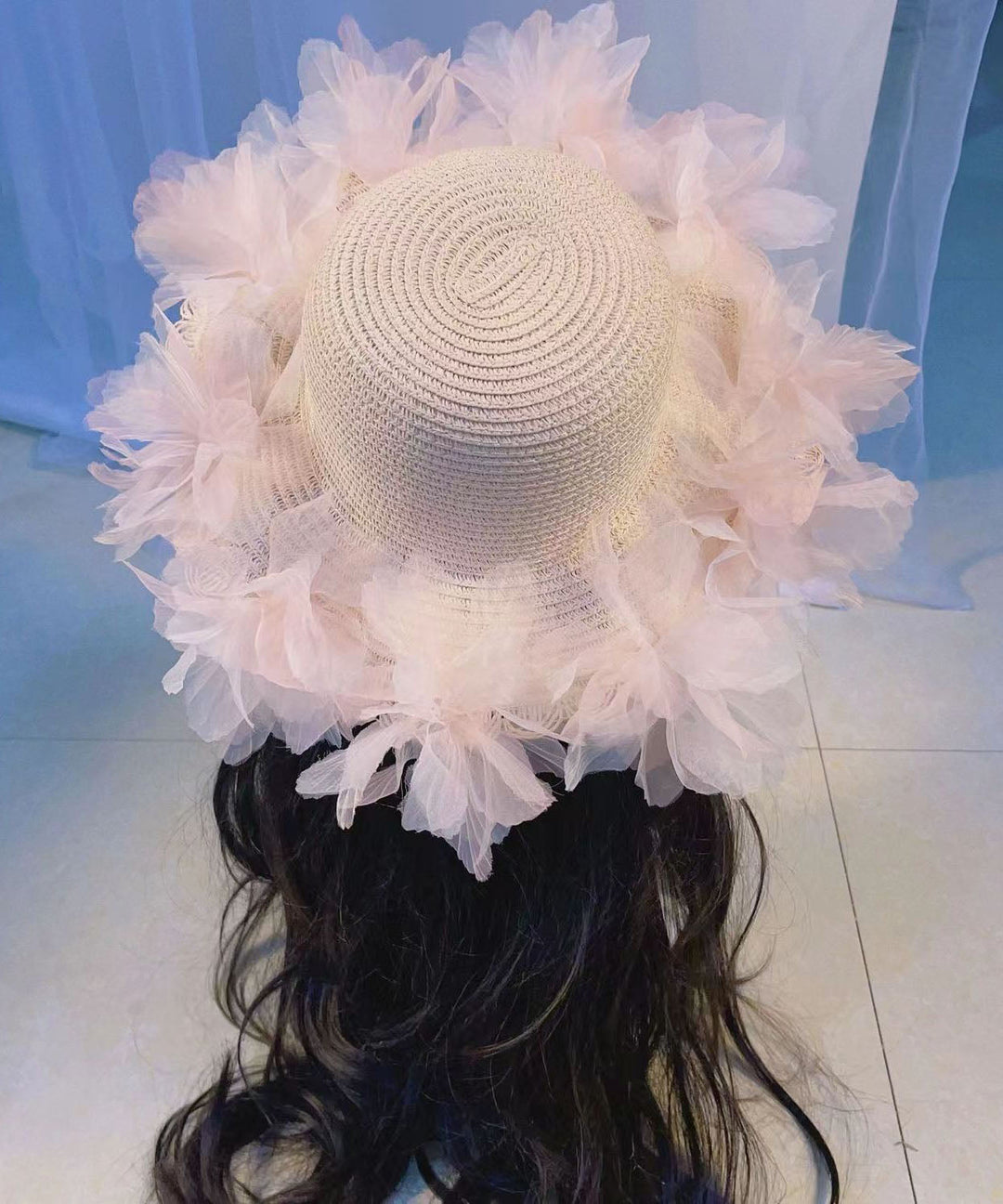 Summer Straw Woven Sun Hat With Large Lace And Large Flowers