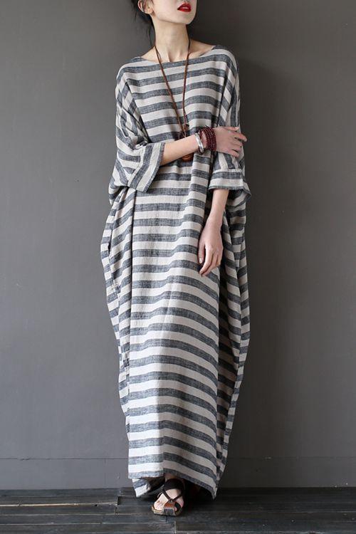 Stripe Loose Maxi Dresses Summer Plus Size Women Clothes