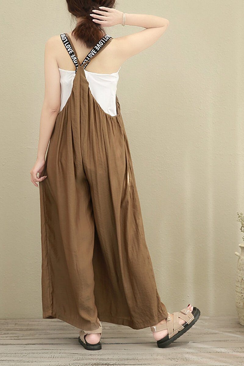 Brown Wide Leg Loose Cotton Overalls Women Clothes