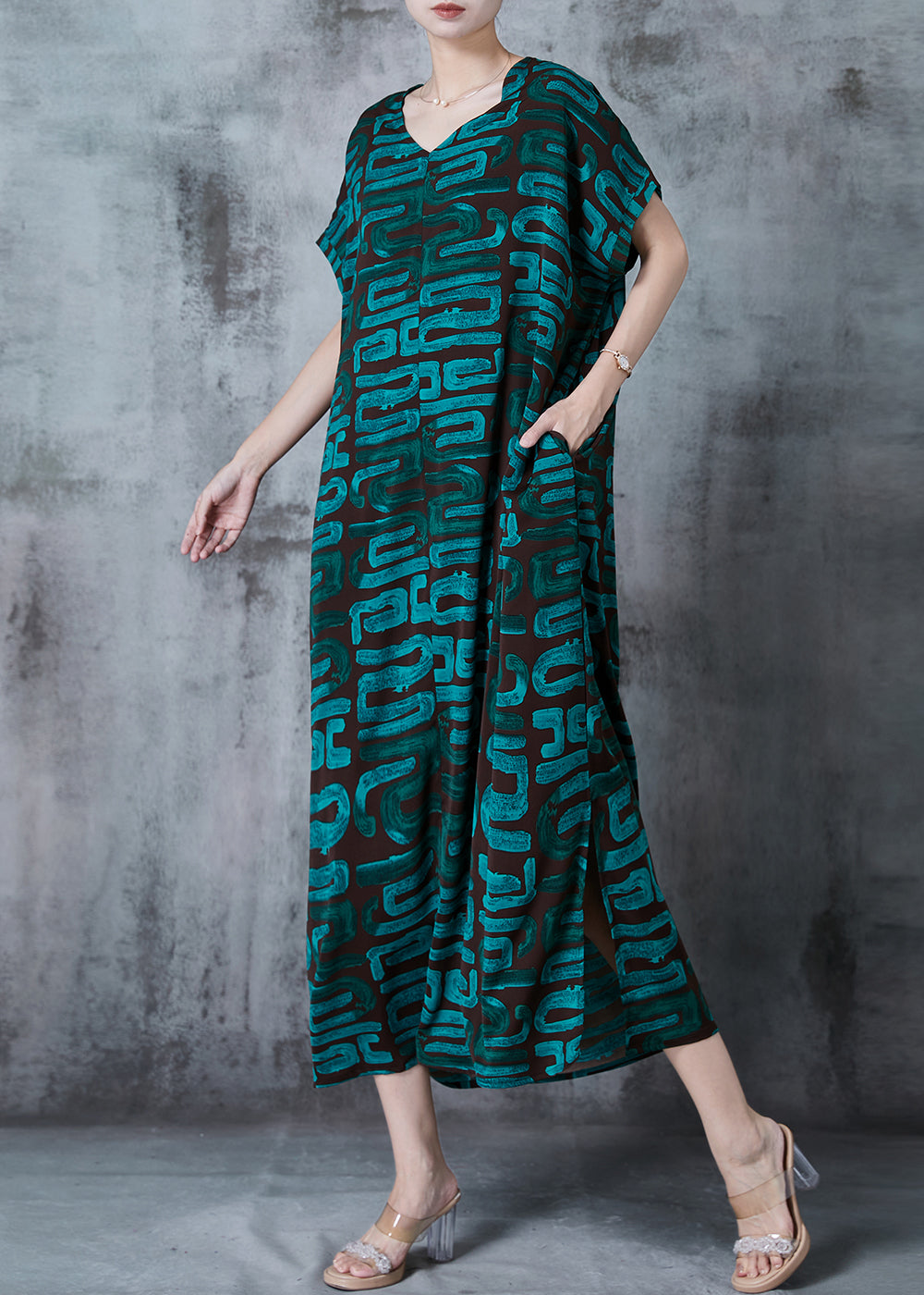 Tea Green Striped Chiffon Maxi Dress Oversized Summer