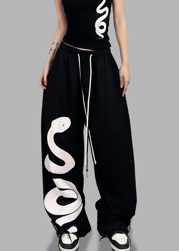 Trendy Black Print Elastic Waist Cotton Sport Pants Spring