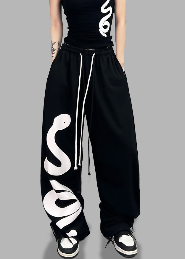 Trendy Black Print Elastic Waist Cotton Sport Pants Spring