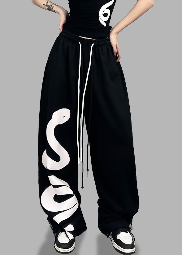 Trendy Black Print Elastic Waist Cotton Sport Pants Spring