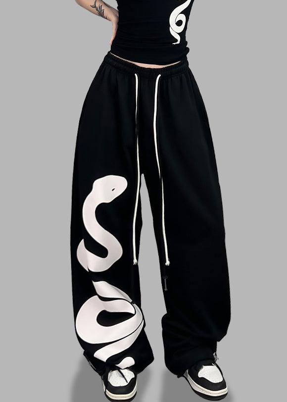 Trendy Black Print Elastic Waist Cotton Sport Pants Spring