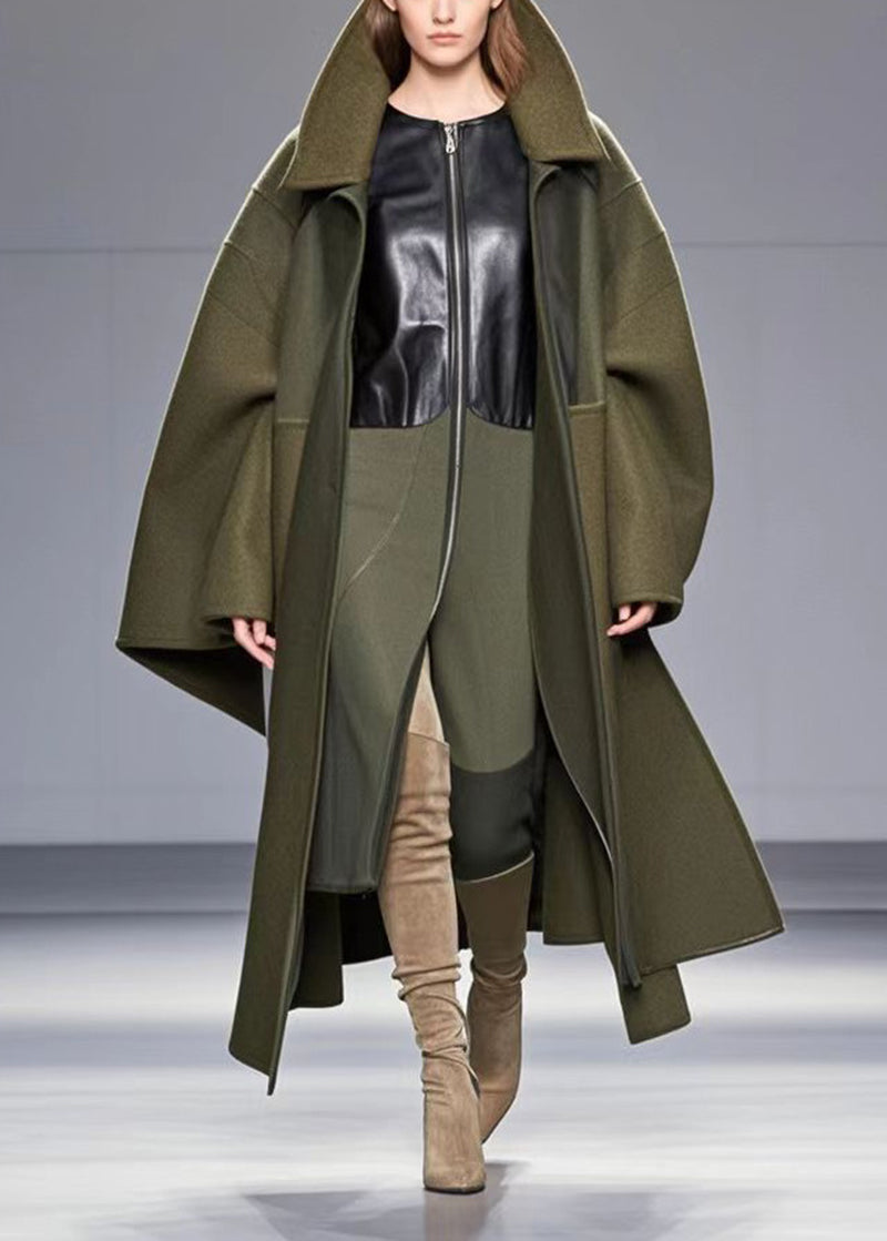 Unique Army Green Patchwork Woolen Coat Fall