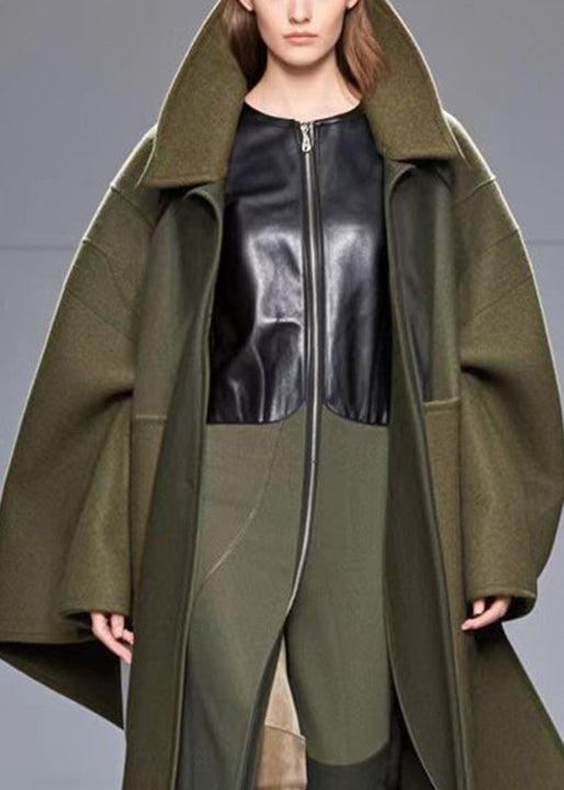 Unique Army Green Patchwork Woolen Coat Fall