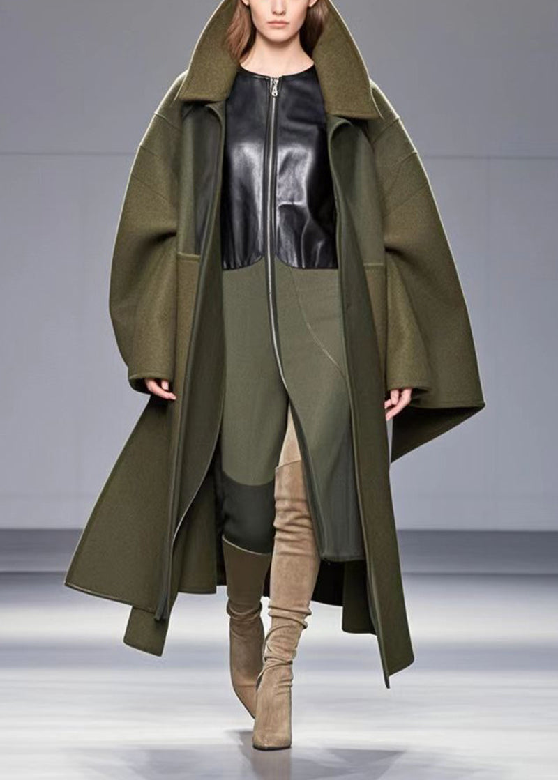 Unique Army Green Patchwork Woolen Coat Fall