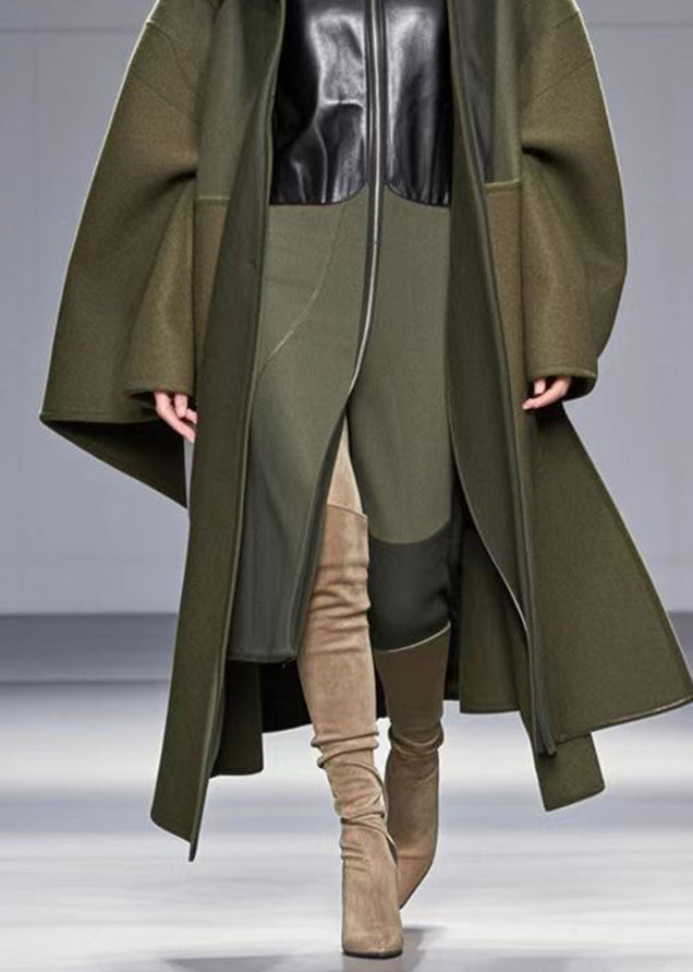 Unique Army Green Patchwork Woolen Coat Fall