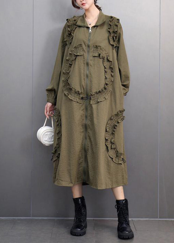 Unique Army Green Ruffled Patchwork Zippered Long Dresses Spring