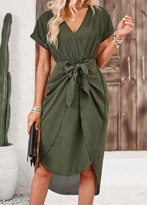 Unique Army Green V Neck Lace Up Chiffon Dress Summer