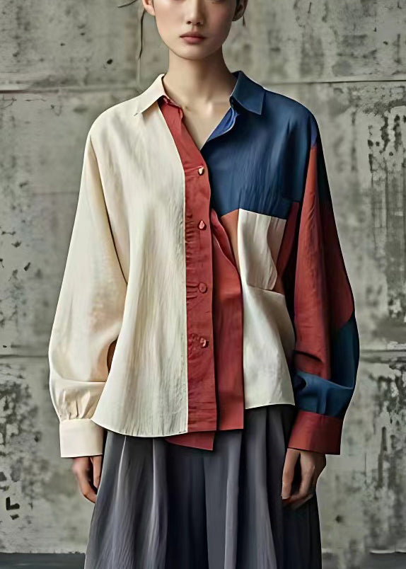 Unique Beige Asymmetrical Button Patchwork Linen Shirt Fall