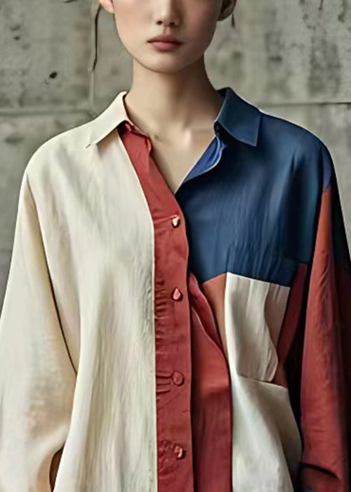 Unique Beige Asymmetrical Button Patchwork Linen Shirt Fall