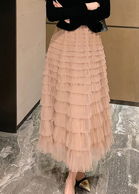 Unique Beige Elastic Waist Tulle Long Cake Skirt