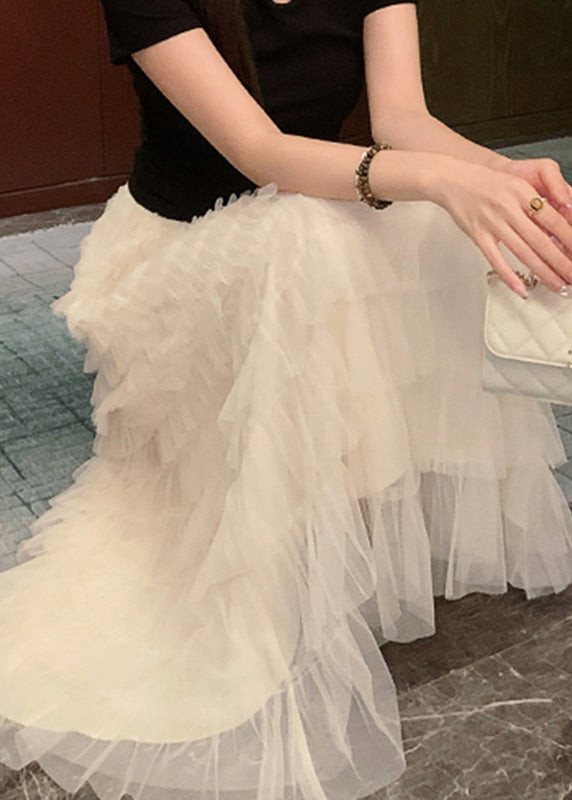 Unique Beige Elastic Waist Tulle Long Cake Skirt