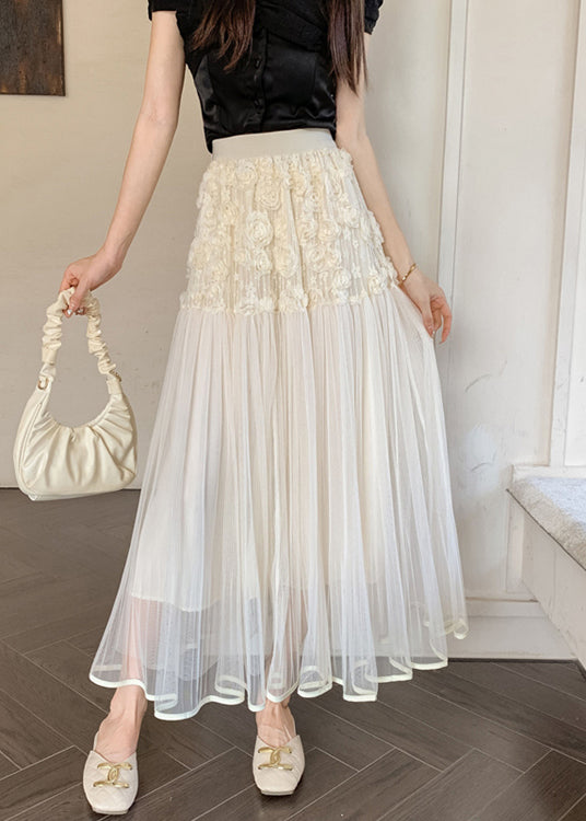 Unique Beige Floral Elastic Waist Tulle Skirts Spring