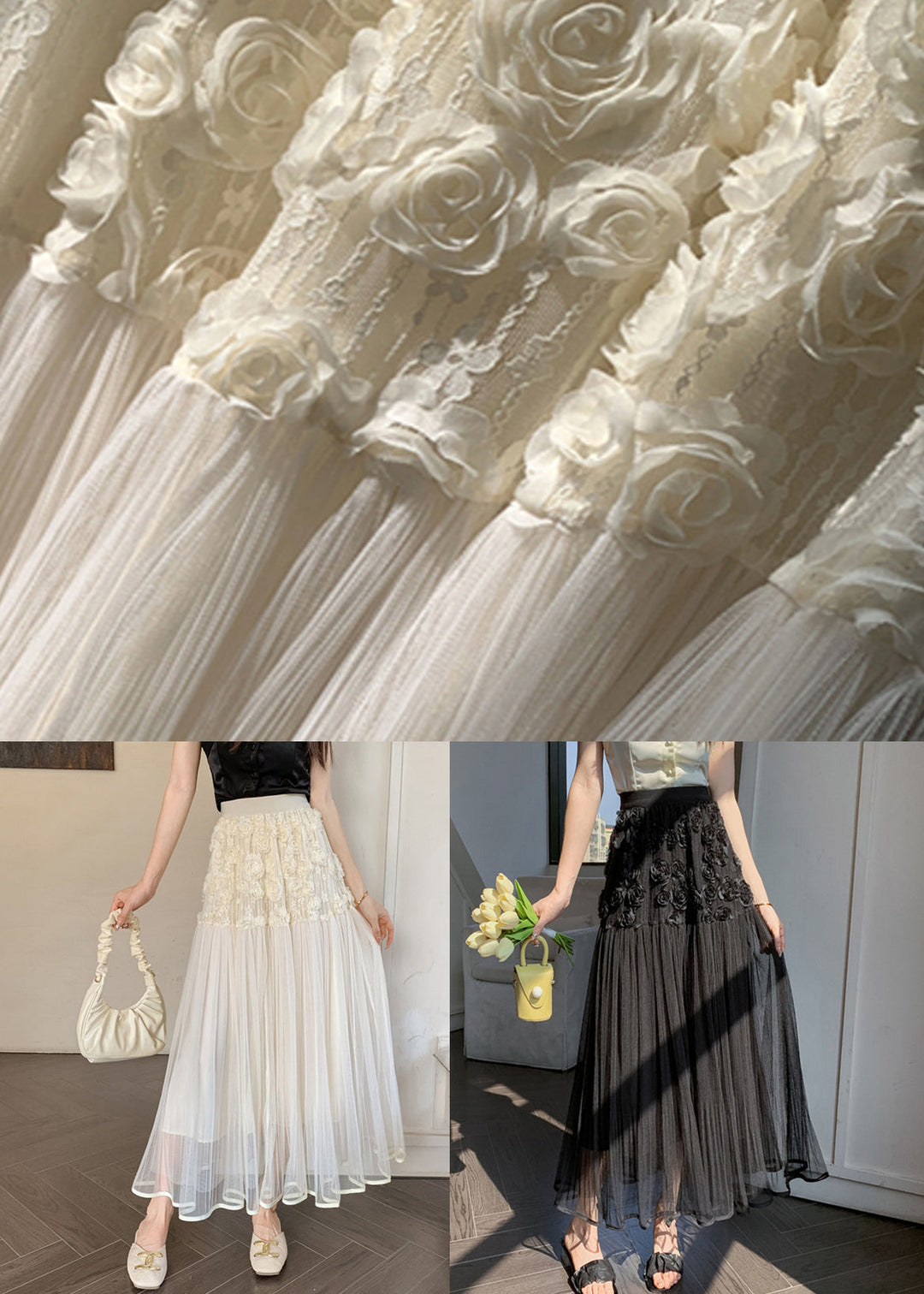 Unique Beige Floral Elastic Waist Tulle Skirts Spring