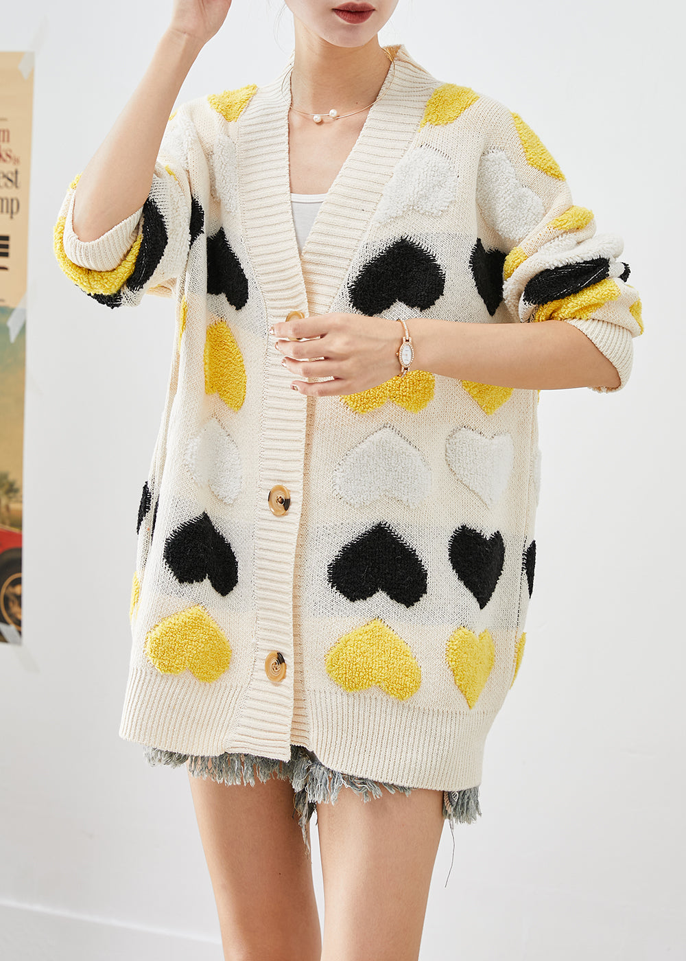 Unique Beige Oversized Love Jacquard Knit Cardigans Spring