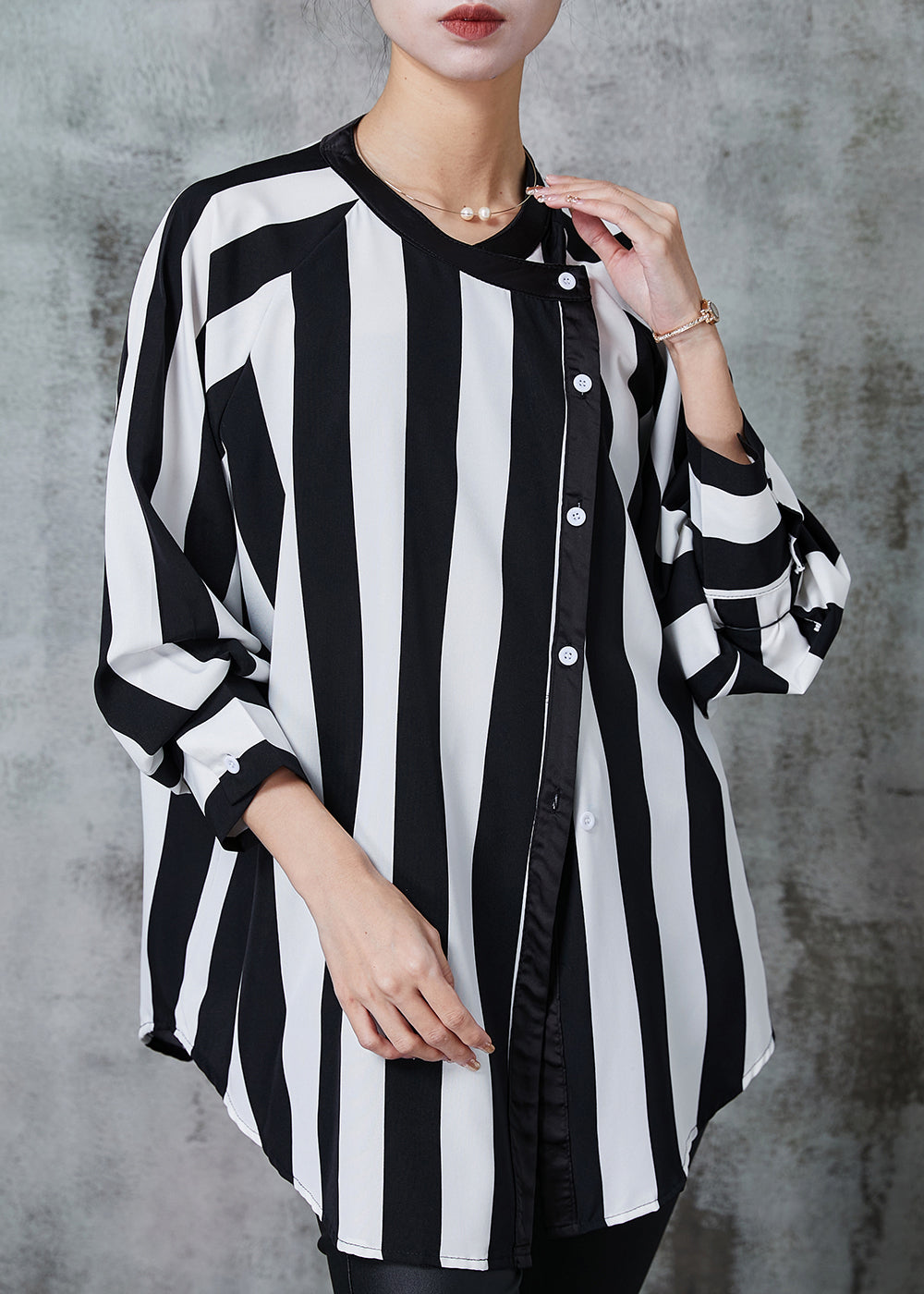 Unique Black Asymmetrical Striped Chiffon Shirt Spring