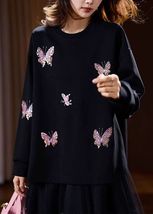 Unique Black O-Neck Butterfly Embroidered Pullover Spring