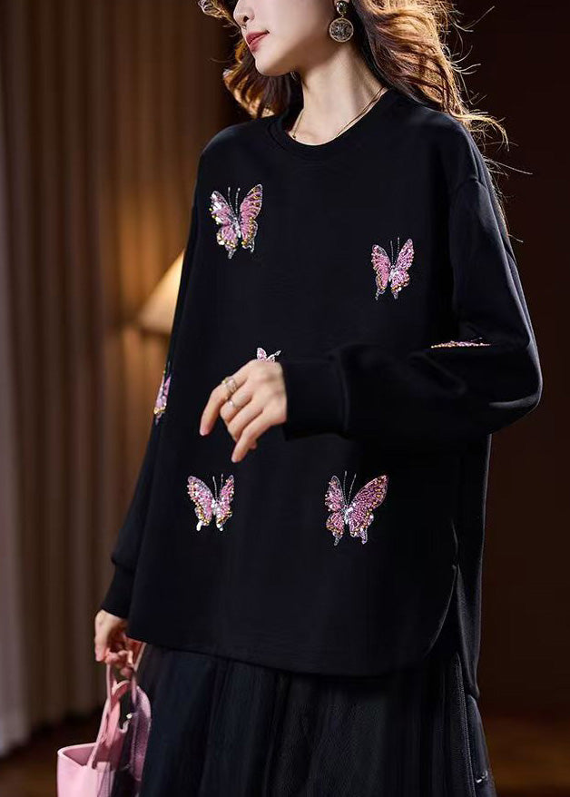 Unique Black O-Neck Butterfly Embroidered Pullover Spring