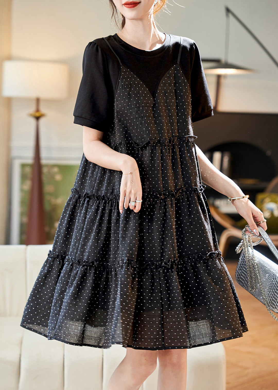 Unique Black O-Neck Patchwork Dot Print Fake Two Pieces Chiffon Mid Dresses Summer