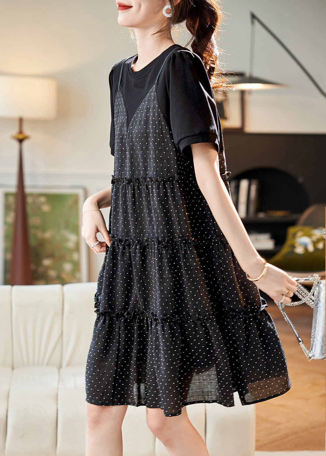 Unique Black O-Neck Patchwork Dot Print Fake Two Pieces Chiffon Mid Dresses Summer