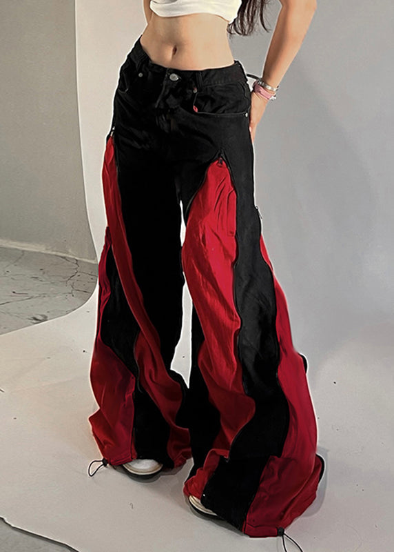 Unique Black Patchwork Drawstring Cotton Wide Leg Pants Spring