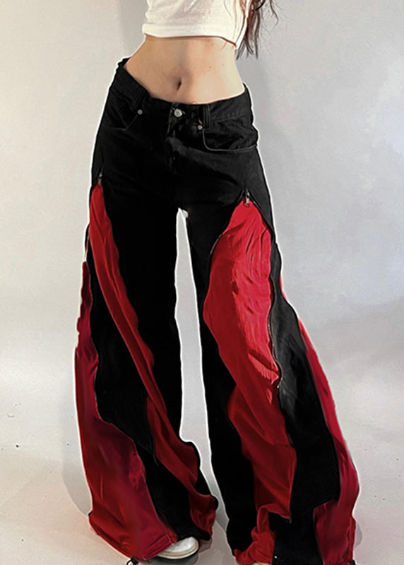 Unique Black Patchwork Drawstring Cotton Wide Leg Pants Spring