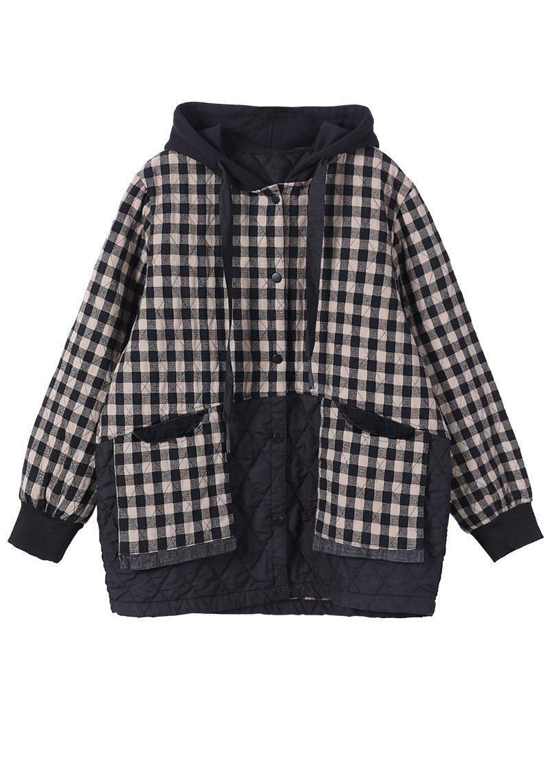 Unique Black Plaid Oversized Fine Parka Hoodies Outwear Winter Jacket