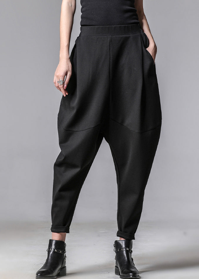 Unique Black Pockets Elastic Waist Cotton Harem Pants Spring