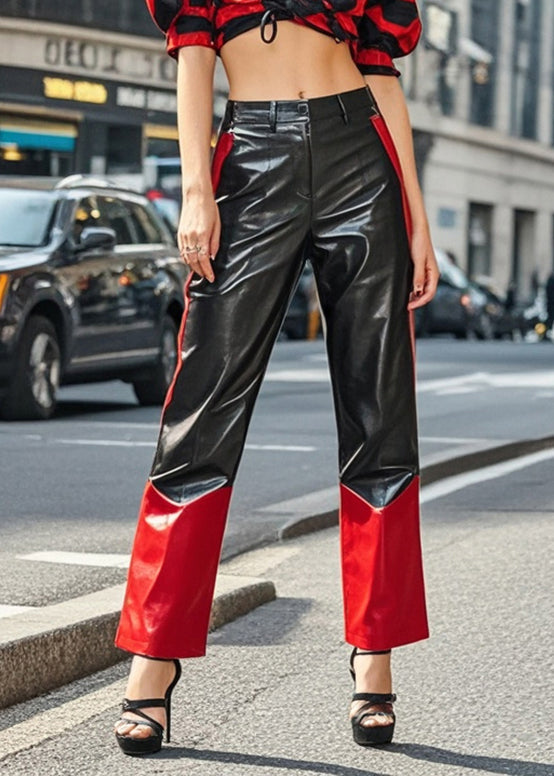 Unique Black Silm Fit Patchwork Faux Leather Pants Fall